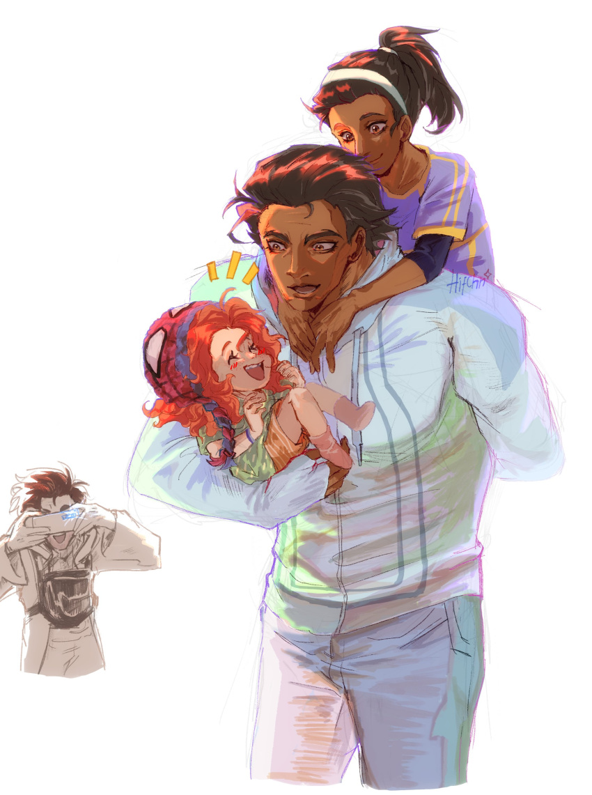 2boys, 2girls, absurdres, artist_name, baby, camera, carrying_over_shoulder, character_request