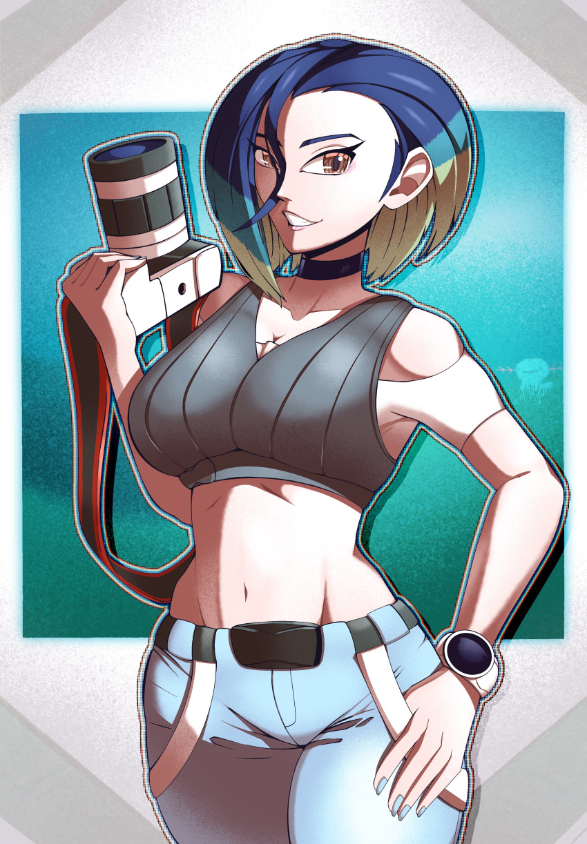 1girl, absurdres, bare_shoulders, black_choker, blue_hair, bob_cut, breasts, brown_eyes, camera, choker, collarbone, crop_top, green_hair, highres, holding, looking_at_viewer, loose_hair_strand, medium_breasts, midriff, multicolored_hair, nrg_98, off-shoulder_shirt, off_shoulder, perrin_(pokemon), pokemon, pokemon_(game), pokemon_sv, shirt, short_hair, short_sleeves, smile, solo