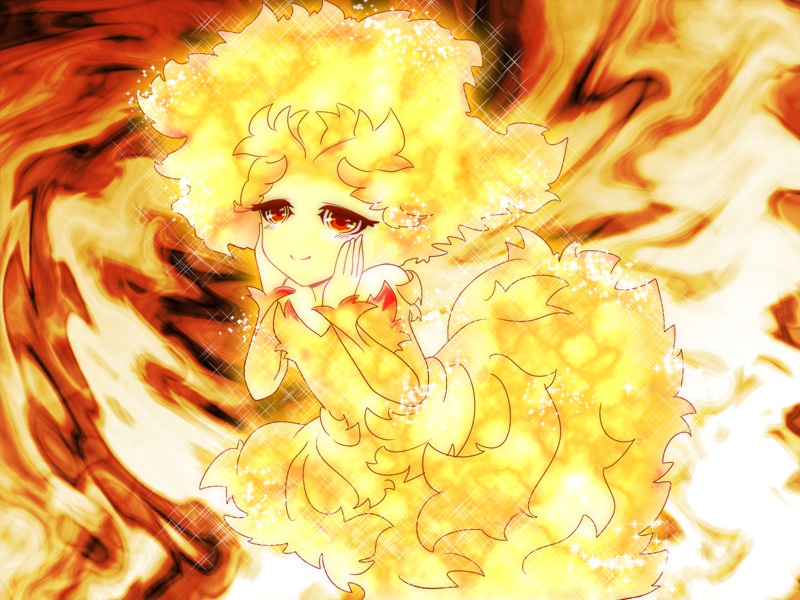 1girl, ara_(sora-ageha), betelgeuse_(st&amp;rs), blonde_hair, colored_skin, dress, hands_on_own_cheeks, hands_on_own_face, hands_up, orange_background, red_eyes, solo, st&amp;rs, yellow_dress, yellow_skin