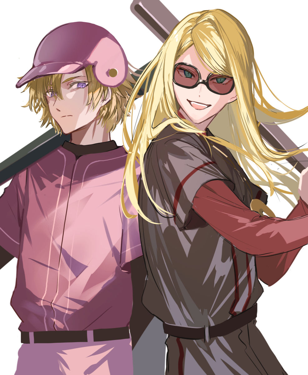 2boys, arm_at_side, baseball_bat, baseball_helmet, baseball_uniform, belt, black-framed_eyewear, black_belt