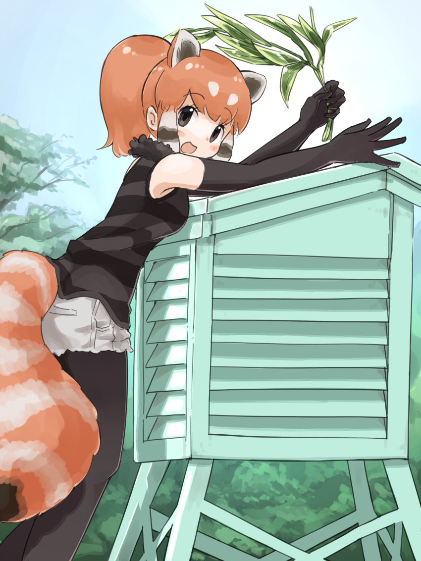 1girl, absurdres, black_gloves, black_hair, black_pantyhose, black_shirt, blue_sky, blush