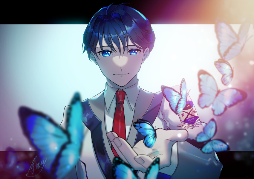 1boy, absurdres, black_hair, blue_butterfly, blue_eyes, blurry, blurry_foreground, bug