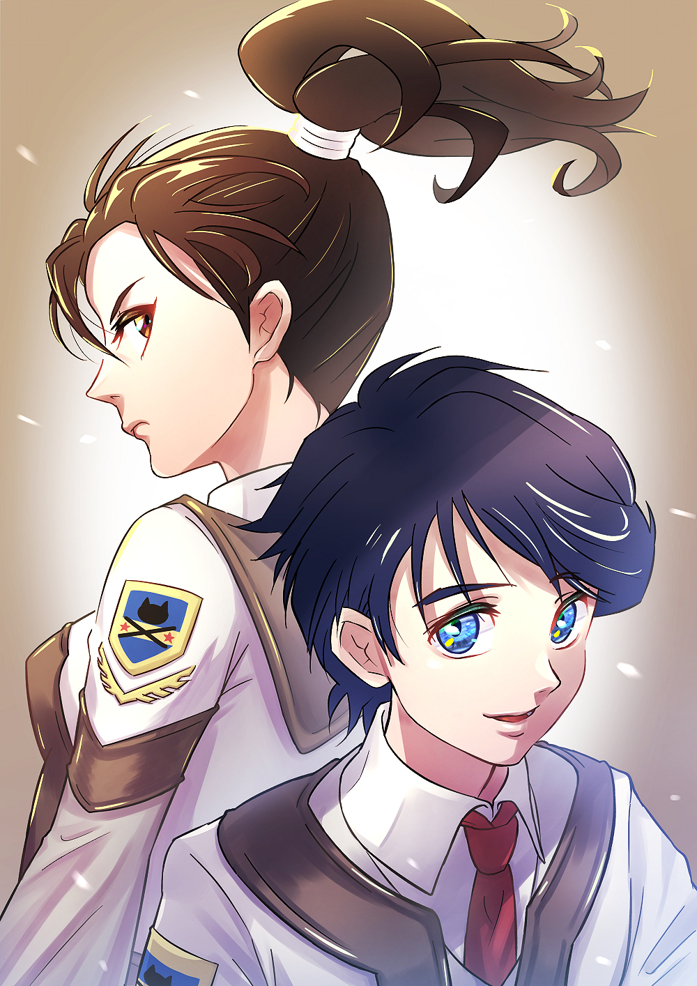 1boy, 1girl, black_hair, blue_eyes, breasts, brown_background, brown_eyes, brown_hair