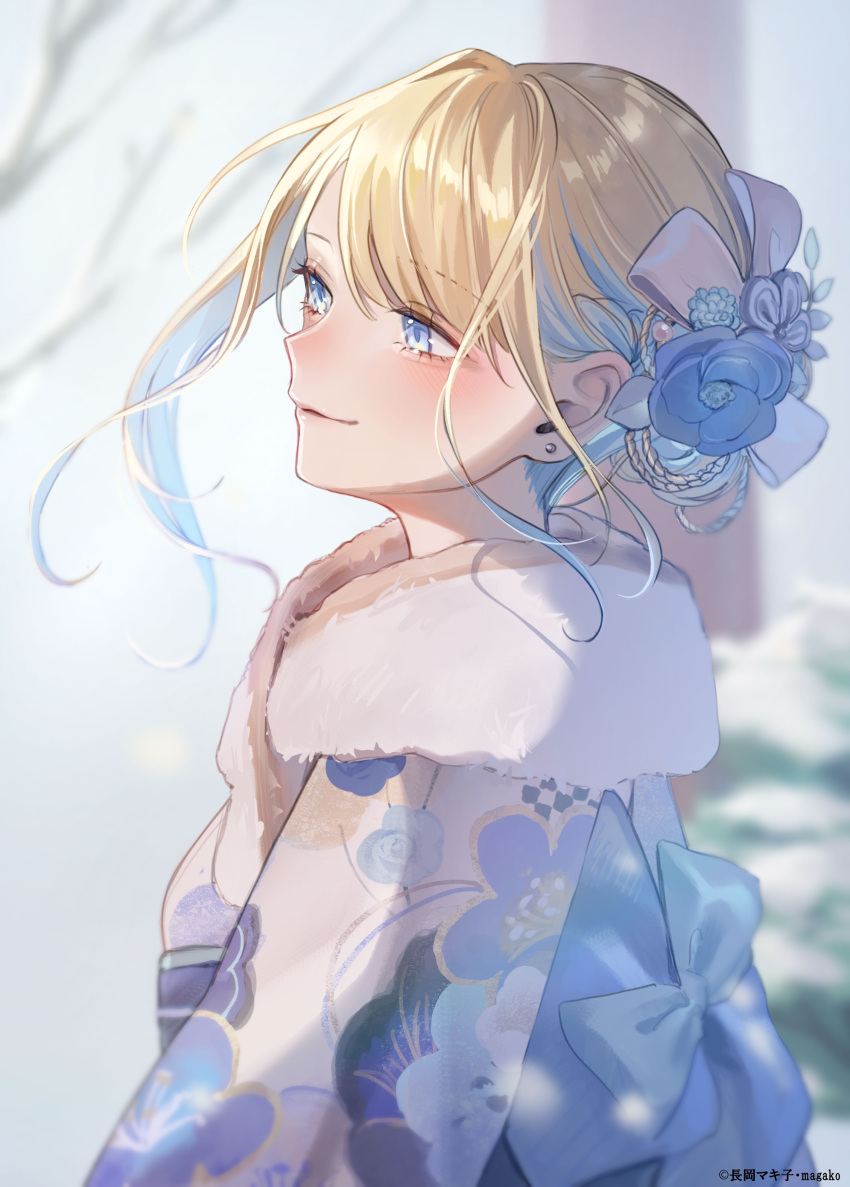 1girl, absurdres, antenna_hair, blonde_hair, blue_eyes, blue_hair, blue_sash, blush