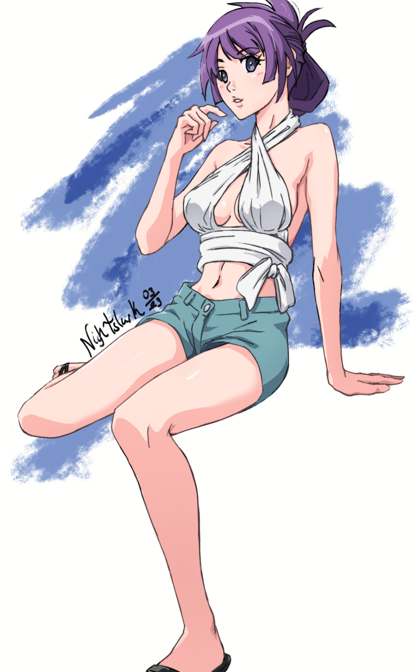 1girl, arm_support, bakemonogatari, blue_eyes, denim, denim_shorts, highres, midriff