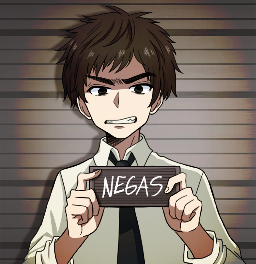 1boy, barbie_mugshot_(meme), black_eyes, black_necktie, brown_hair, card, character_name, don_makila