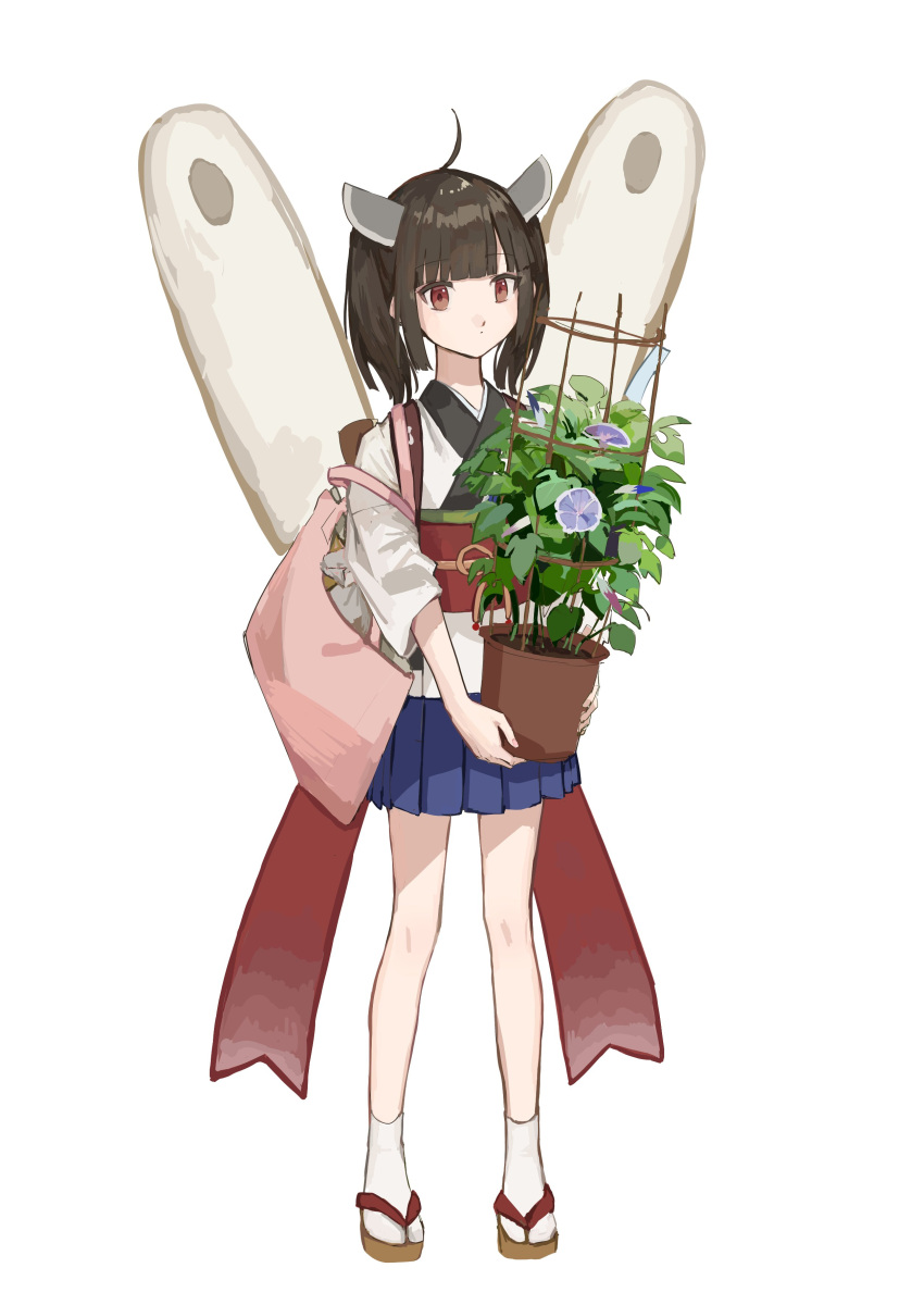1girl, absurdres, ahoge, bag, blade, blue_skirt, blunt_bangs, brown_hair