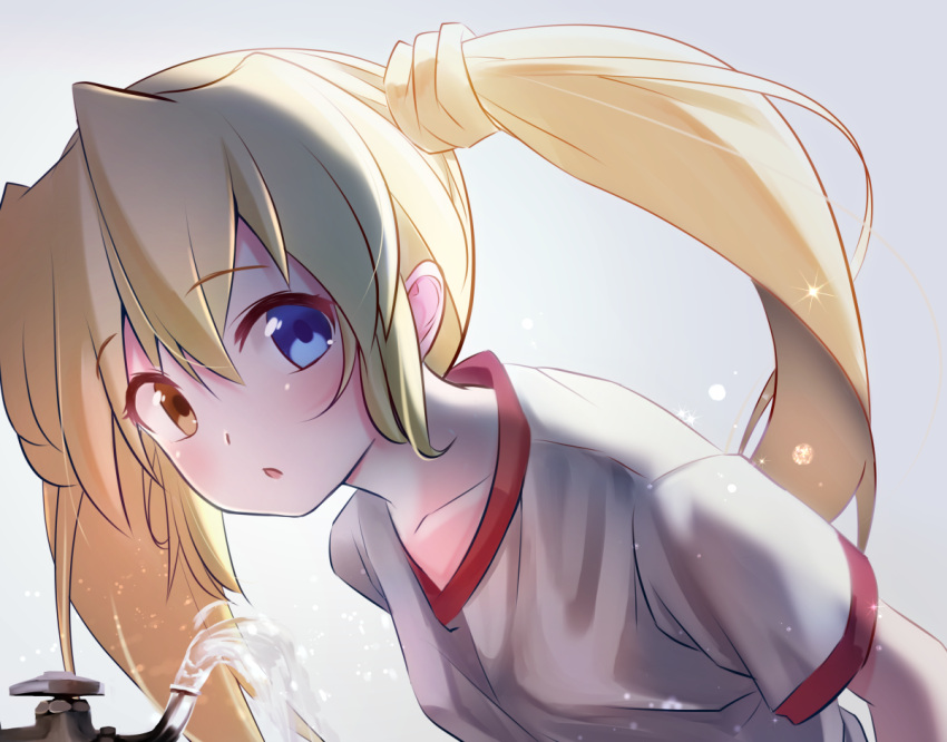 1girl, alternate_costume, blonde_hair, blue_eyes, blush, chestnut_mouth, close-up, collarbone