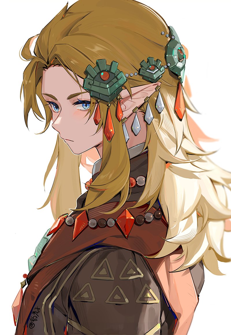1boy, bead_necklace, beads, blonde_hair, blue_eyes, earrings, ember_set_(zelda), hair_beads