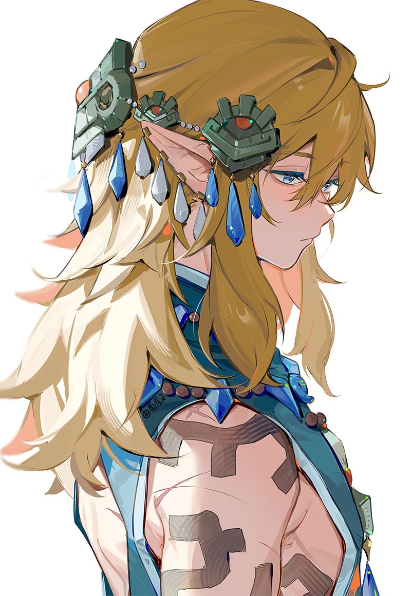 arm_tattoo, back_cutout, bead_necklace, beads, blonde_hair, blue_eyes, clothing_cutout, earrings, frostbite_set_(zelda), hair_beads, hair_ornament, hair_undone, jewelry, leopardtiger, link, long_hair, looking_afar, male_focus, multiple_scars, necklace, pointy_ears, scar, shoulder_tattoo, sidelocks, simple_background, tattoo, the_legend_of_zelda, the_legend_of_zelda:_tears_of_the_kingdom, white_background