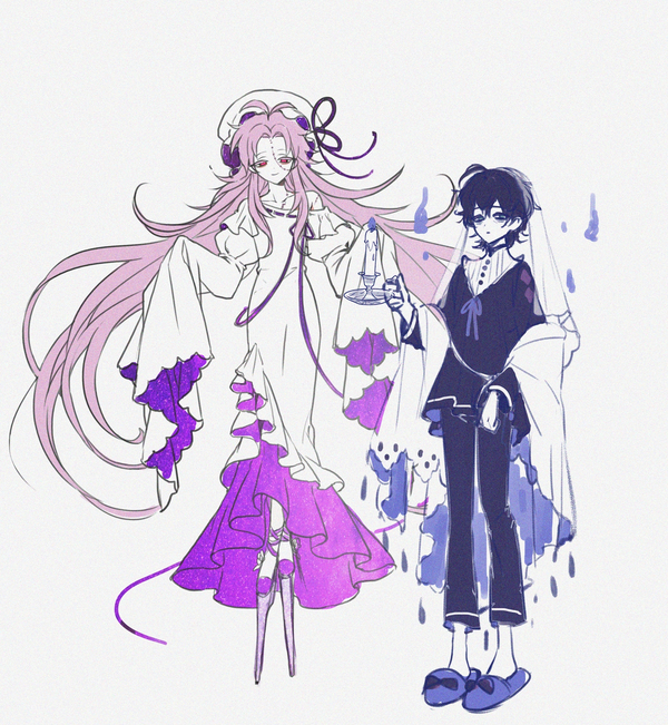 2boys, ahoge, alternate_costume, androgynous, black_hair, black_pants, black_shirt, candlelight