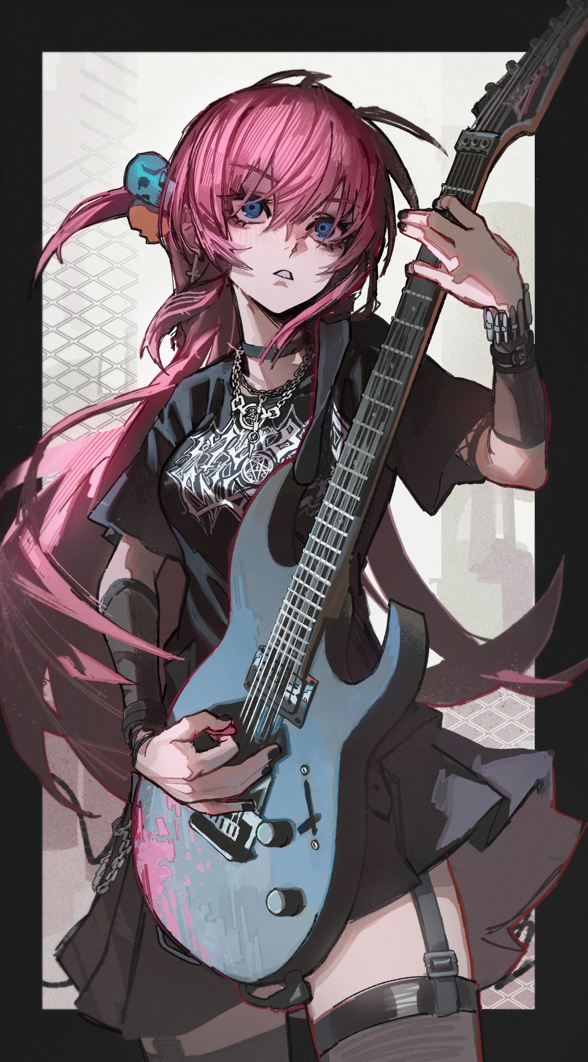 1girl, black_shirt, black_skirt, black_thighhighs, blue_eyes, bocchi_the_rock!, dethmaid, electric_guitar, gothic_lolita, gotoh_hitori, guitar, hair_ornament, highres, holding, holding_plectrum, instrument, jewelry, lolita_fashion, long_hair, music, necklace, pink_hair, playing_instrument, plectrum, shirt, sketch, skirt, skull_hair_ornament, solo, thigh-highs, thighs