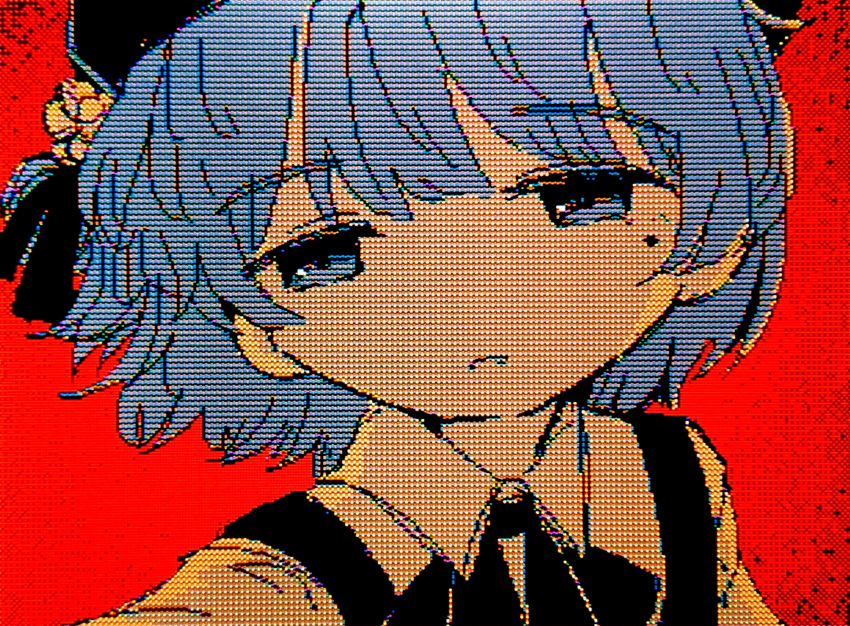 1girl, absurdres, beret, black_headwear, black_ribbon, blue_eyes, blue_hair, chromatic_aberration