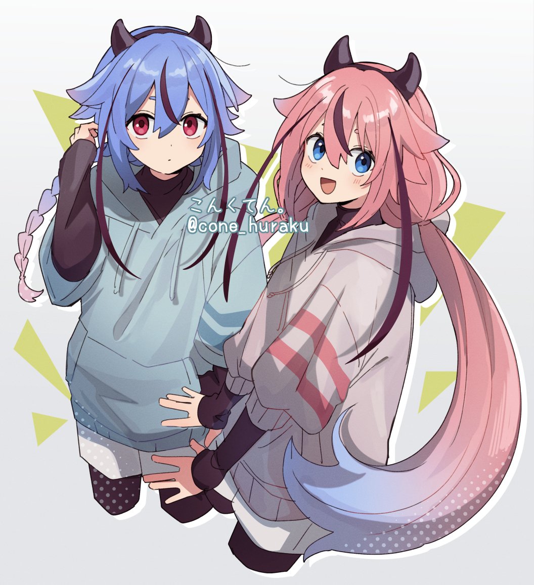 2others, \||/, alternate_costume, artist_name, asymmetrical_sleeves, black_hair, black_leggings, black_shirt, blue_eyes, blue_hair, blue_hoodie, blush, braid, braided_ponytail, commentary, cone_huraku, dot_mouth, drop_shadow, expressionless, floating_hair, gradient_hair, green_background, grey_background, grey_hoodie, hair_flaps, halftone, hand_in_pocket, hand_up, hood, hood_down, hoodie, horns, layered_sleeves, leggings, leggings_under_shorts, long_hair, long_sleeves, looking_at_viewer, low_twintails, meika_hime, meika_mikoto, multicolored_hair, multiple_others, puffy_short_sleeves, puffy_sleeves, red_eyes, shirt, short_over_long_sleeves, short_sleeves, shorts, smile, streaked_hair, striped_sleeves, triangle, twintails, twitter_username, two-tone_background, vocaloid, watermark, white_shorts