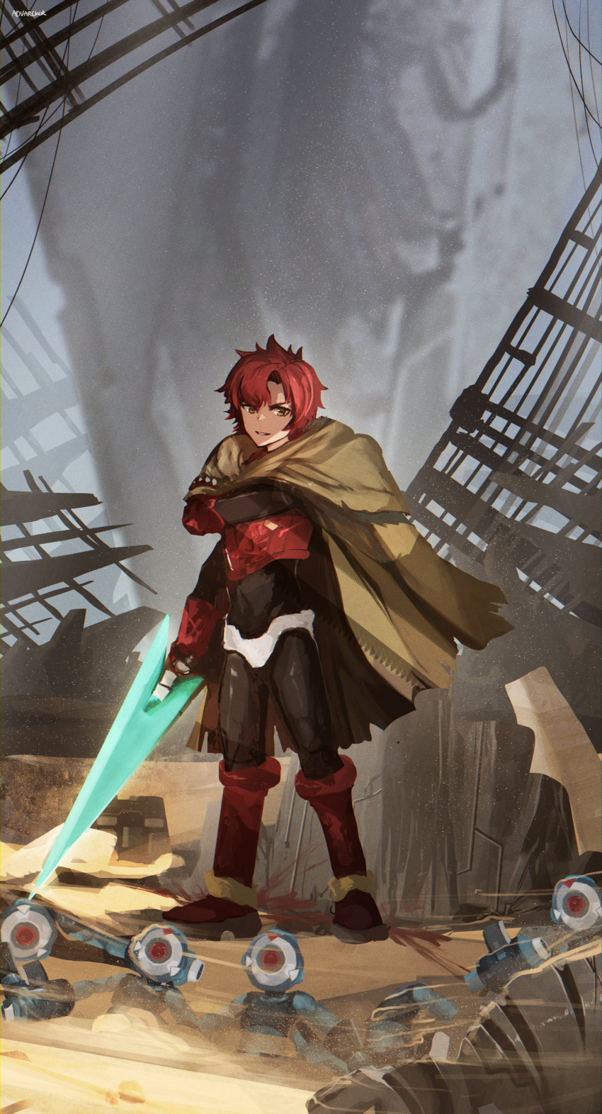 1boy, absurdres, advarcher, brown_cloak, cloak, cosplay, highres, holding
