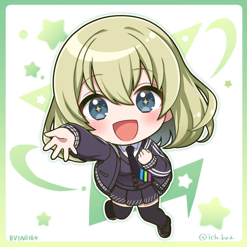 +_+, 1girl, :d, black_jacket, black_necktie, black_skirt, black_sweater_vest, black_thighhighs, blue_eyes, border, chibi, clenched_hand, collared_shirt, commentary, full_body, gradient_border, green_border, green_hair, hashtag, highres, ichihara_naga, jacket, light_blush, meano_(vta), necktie, nijisanji, open_mouth, outstretched_hand, school_uniform, shirt, short_hair, skirt, smile, solo, star_(symbol), sweater_vest, thigh-highs, twitter_username, virtual_talent_academy_uniform, virtual_youtuber, white_background, white_shirt, wing_collar
