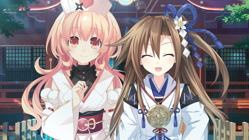 brown_hair, closed_eyes, compa, game_cg, happy, highres, if_(neptune_series), japanese_clothes