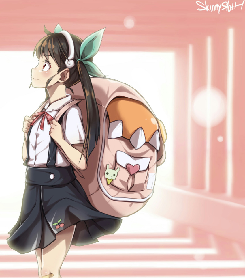 1girl, ahoge, artist_name, backpack, bag, bakemonogatari, bandaid, bandaid_on_knee