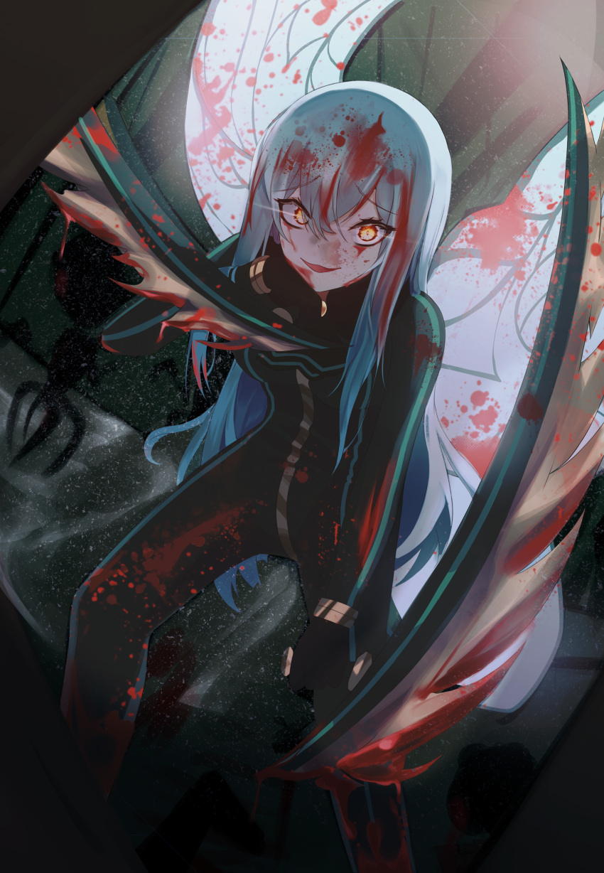 1girl, absurdres, angela_(project_moon), bladed_tonfa, blood, blood_in_hair, blood_on_clothes, blue_hair, bodysuit, e.g.o_(project_moon), fairy_festival, fairy_wings, gloves, gold_trim, green_bodysuit, highres, library_of_ruina, long_hair, looking_at_viewer, parted_lips, project_moon, sidelocks, smile, solo, tonfa, very_long_hair, weapon, wings, yellow_eyes