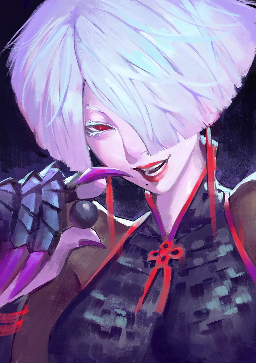 1girl, a.k.i._(street_fighter), china_dress, chinese_clothes, claw_(weapon), dress, earrings, hair_over_one_eye