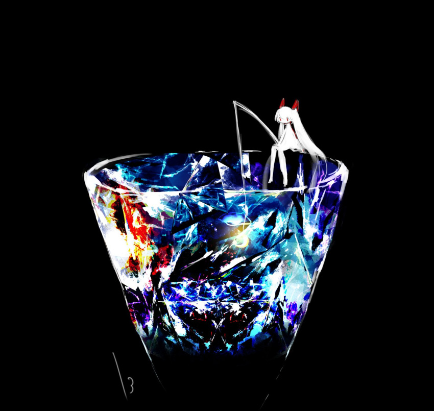 13_31n, 1girl, abstract, black_background, commentary, crescent, crystal, cup