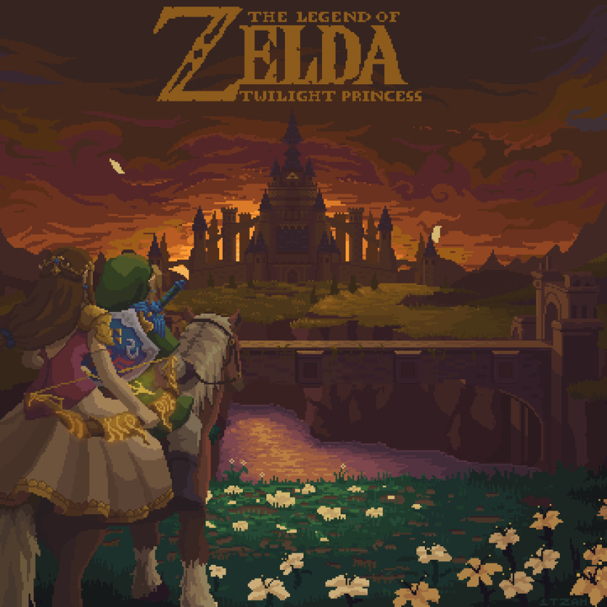 1boy, 1girl, animated, animated_gif, bow_(weapon), bridge, castle, clouds