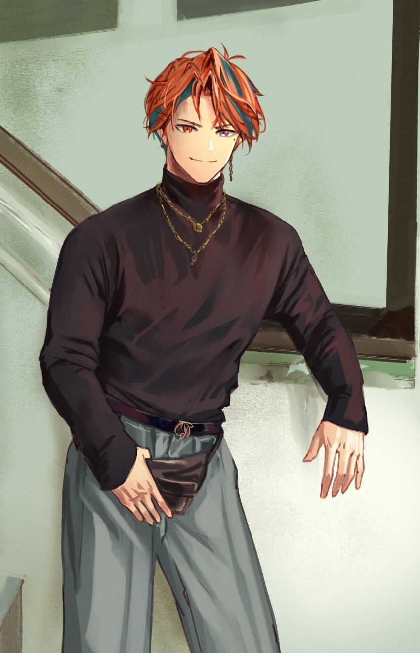 1boy, absurdres, against_wall, belt, black_belt, black_hair, black_shirt, commentary