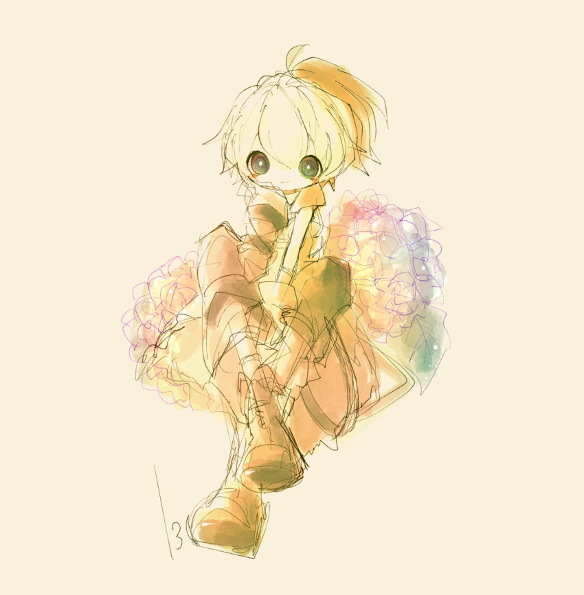 13_31n, 1girl, androgynous, arm_between_legs, arm_warmers, blush, boots, bright_pupils