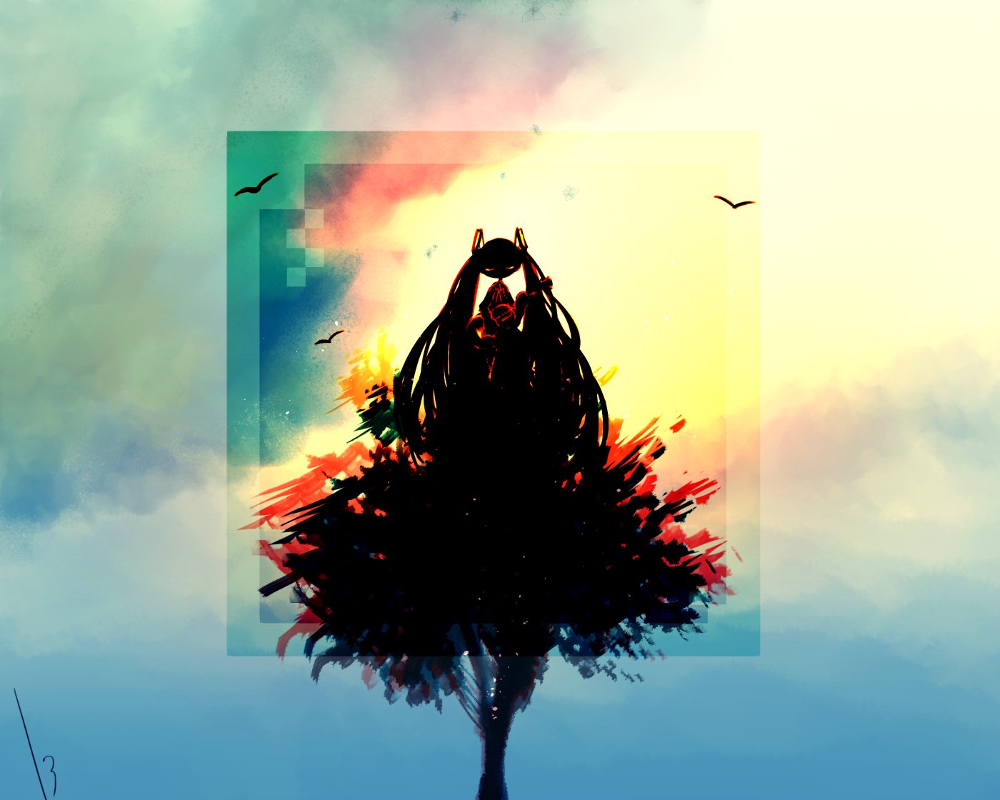 13_31n, 1girl, acoustic_guitar, closed_eyes, clouds, cloudy_sky, facing_viewer, guitar