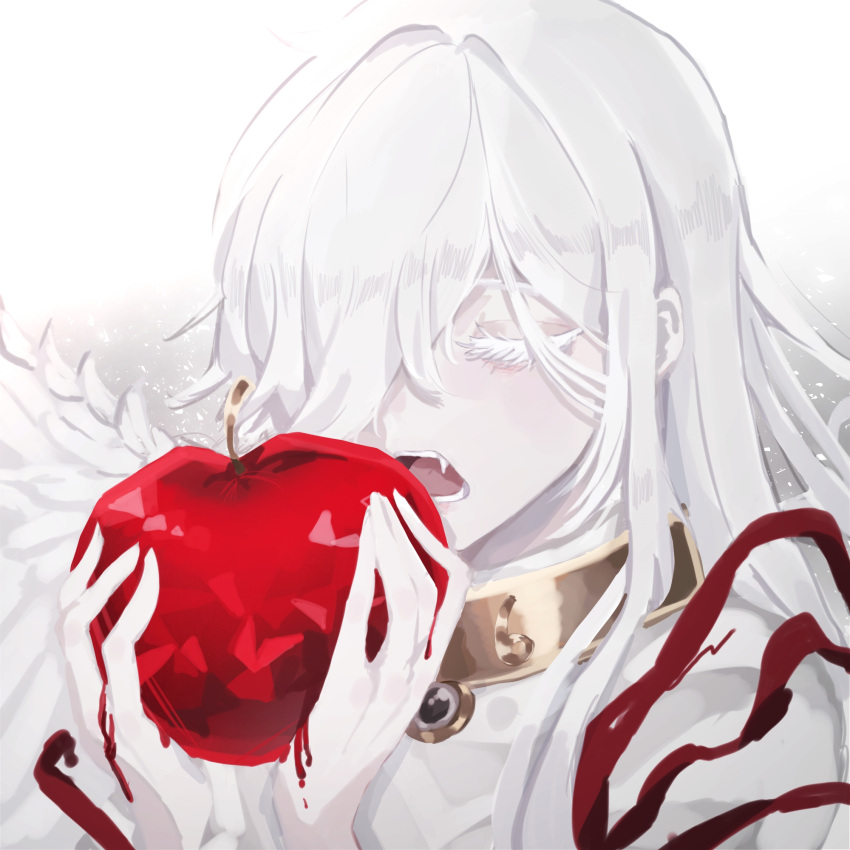 1girl, angela_(project_moon), apple, blood, choker, closed_eyes, dress, e.g.o_(project_moon), fangs, food, fruit, gimguleum, hair_over_one_eye, hands_up, highres, holding, holding_food, holding_fruit, library_of_ruina, long_hair, open_mouth, project_moon, sidelocks, simple_background, solo, very_long_hair, white_background, white_dress, white_hair, whitenight_(lobotomy_corporation)