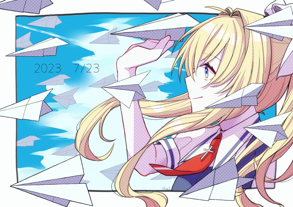 1girl, air_(visual_novel), am1582, blonde_hair, blue_eyes, blue_sky, clouds, cross_ornament