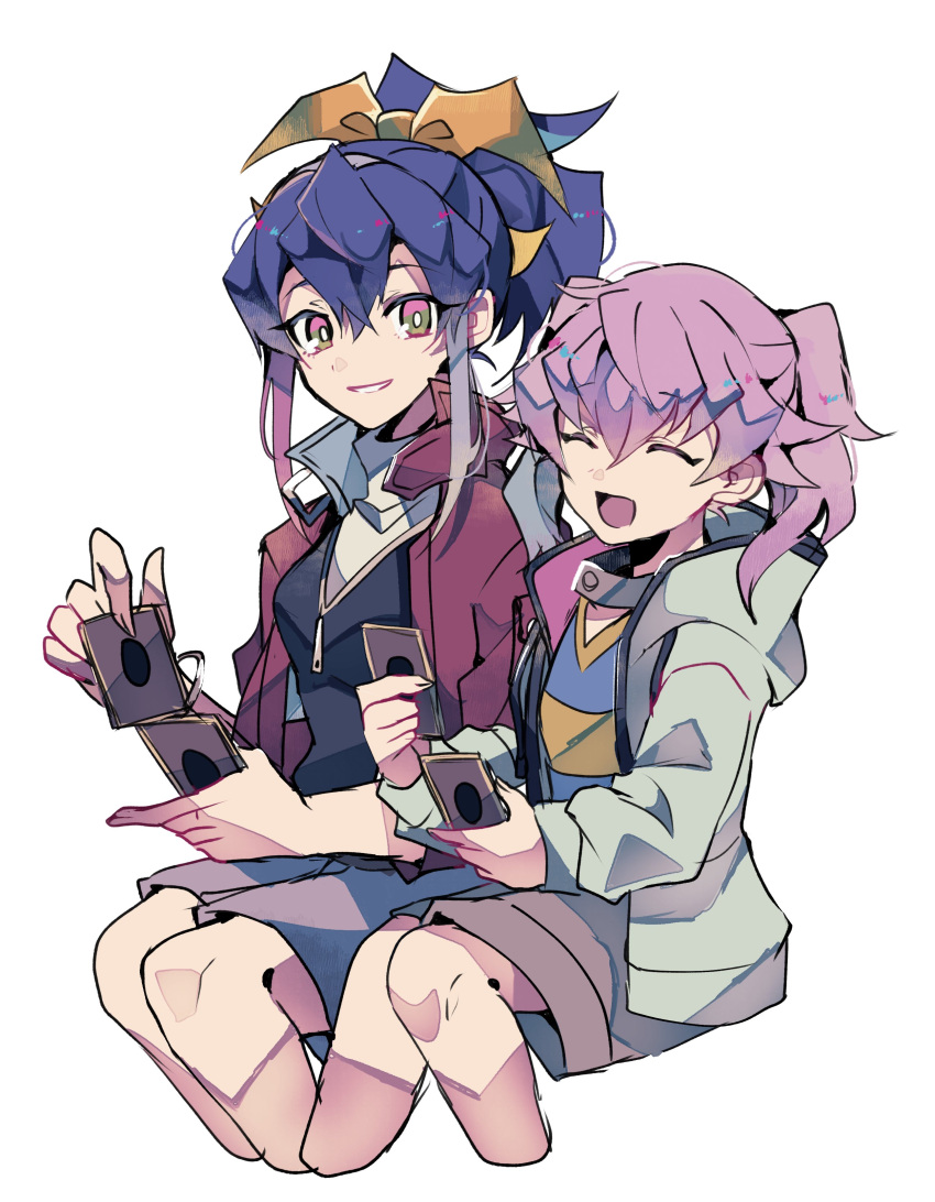 2girls, absurdres, akaba_reira, black_shirt, blue_shirt, bow, card, closed_eyes