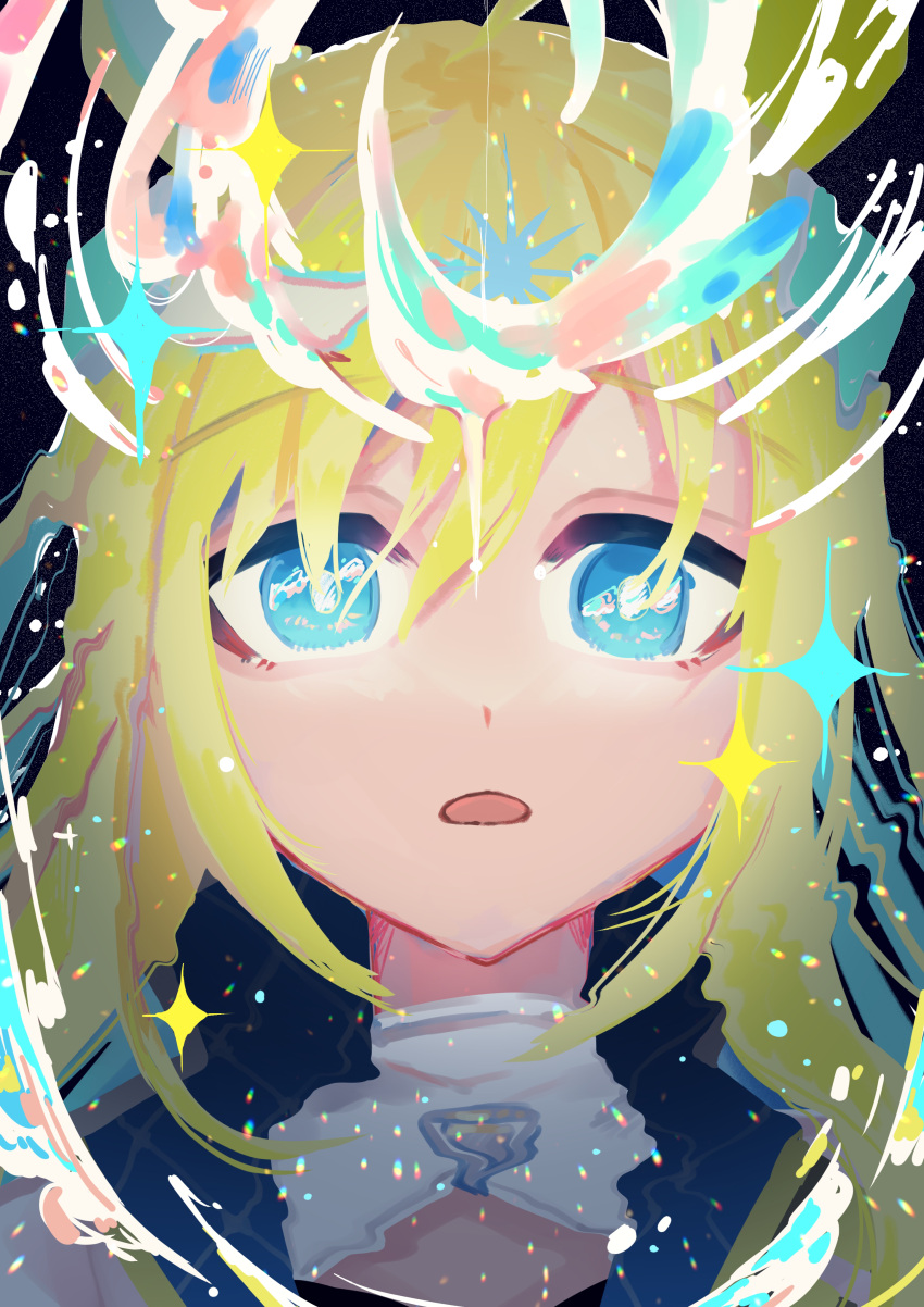 1girl, absurdres, ahoge, animal_ears, blonde_hair, blue_eyes, colored_inner_hair, distortion