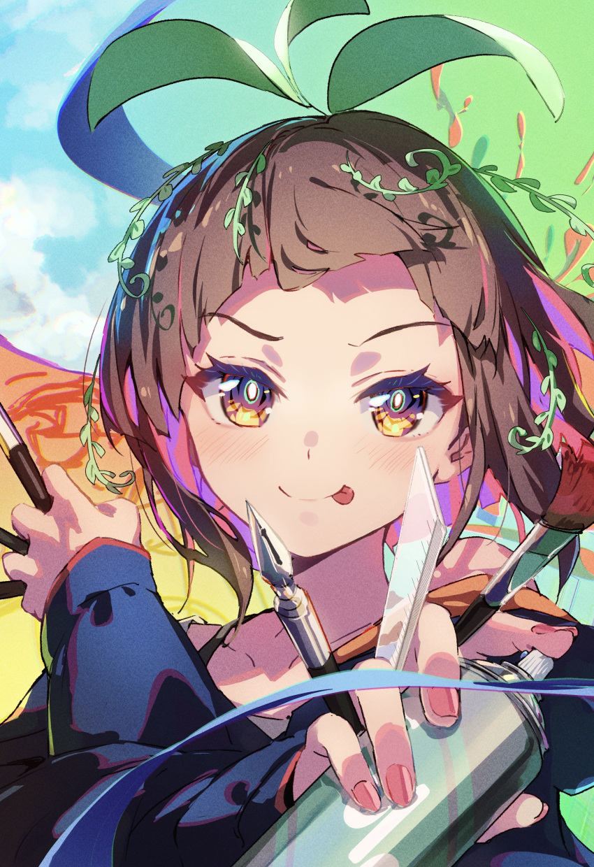 1girl, absurdres, blue_jacket, blush, brown_hair, can, closed_mouth, eva_mashiro