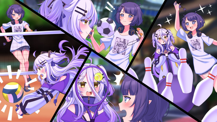 !, !!, :d, :o, ^^^, ahoge, ball, black_shorts, blue_eyes, blunt_bangs, blush, bob_cut, bowling, bowling_ball, bowling_pin, clapping, cleavage_cutout, clothing_cutout, commentary, controller, crossover, dress, english_commentary, game_controller, gradient_hair, grey_hair, hair_between_eyes, hair_ornament, hair_ribbon, hairclip, headphones, headphones_around_neck, henya_the_genius, highres, holding, holding_controller, holding_game_controller, hololive, hololive_english, jacket, joy-con, keychain, long_hair, mikumoreau, mole, mole_under_eye, multicolored_hair, ninomae_ina'nis, ninomae_ina'nis_(5th_costume), nintendo_switch_sports, off-shoulder_jacket, off_shoulder, official_alternate_hairstyle, playing_sports, print_shirt, purple_dress, purple_hair, purple_jacket, purple_ribbon, racket, ribbon, shirt, short_hair, short_shorts, short_sleeves, shorts, sidelocks, sleeveless, sleeveless_dress, slippers, smile, smug, soccer_ball, sparkle, surprised, sweatdrop, t-shirt, takodachi_(ninomae_ina'nis), teeth, tennis_ball, tennis_racket, throwing, two_side_up, upper_teeth_only, virtual_youtuber, volleyball, volleyball_(object), volleyball_net, vshojo, walking, white_shirt, worried, yellow_eyes, zipper