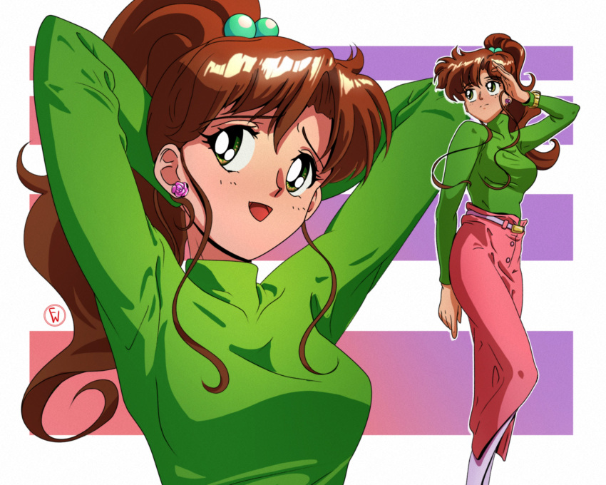 1girl, absurdres, arms_behind_head, arms_up, bishoujo_senshi_sailor_moon, breasts, brown_hair, earrings