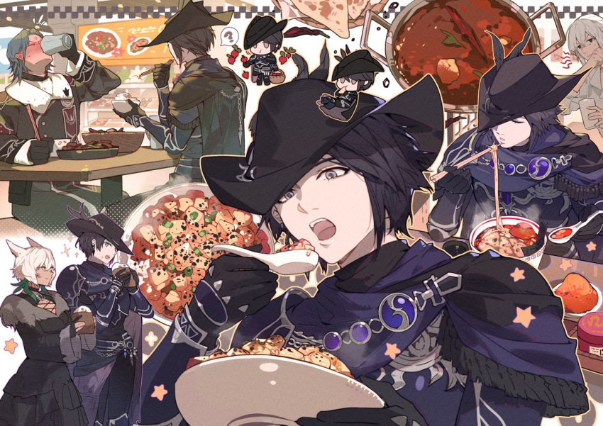 2boys, 2girls, ?, androgynous, armor, black_cape, black_gloves, black_hair