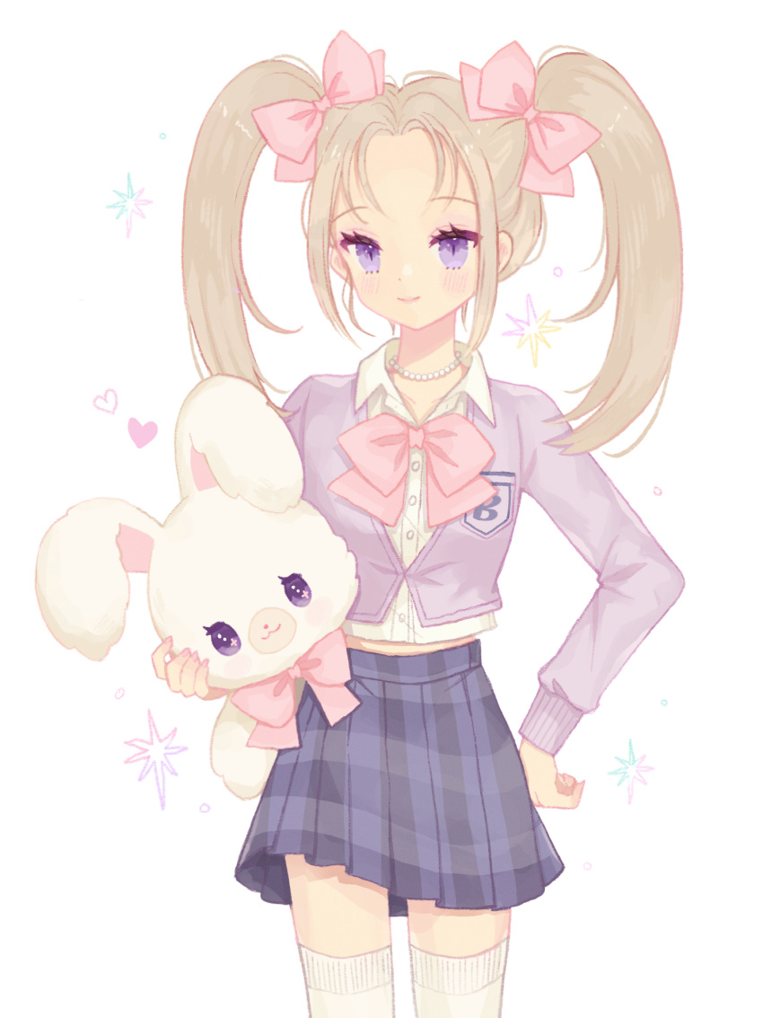 1girl, blonde_hair, bow, bowtie, cardigan, collared_shirt, commentary, cowboy_shot