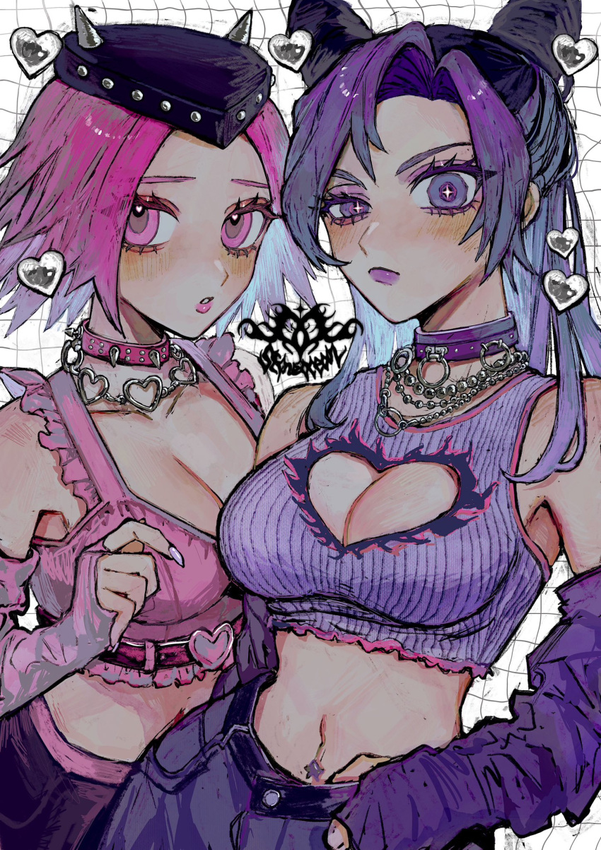 +_+, 2girls, bare_shoulders, belt, black_headwear, blush, breasts, cleavage_cutout