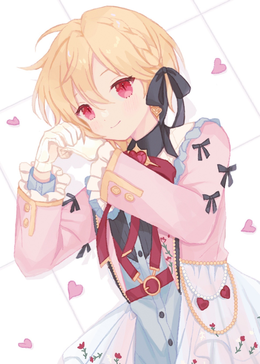 1boy, androgynous, beads, belt, blonde_hair, braid, brooch, cross_x_mark_(ensemble_stars!), ensemble_stars!, gloves, hair_ribbon, hands_up, heart, heart_brooch, highres, jacket, jewelry, long_sleeves, looking_at_viewer, lying, male_focus, neck_ribbon, nito_nazuna, on_back, on_floor, own_hands_together, red_eyes, ribbon, rorol, short_hair, slit_pupils, smile, solo, tile_floor, tiles