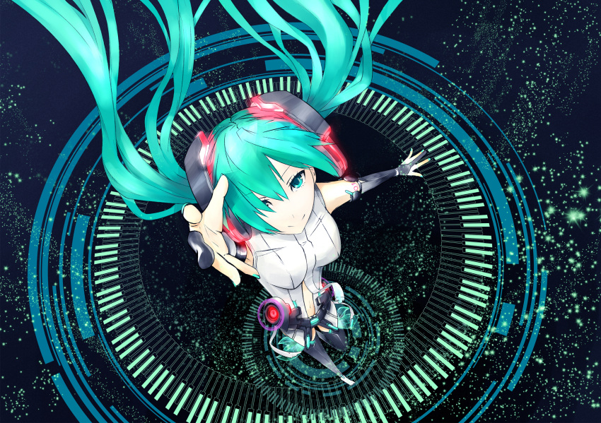 absurdres, aqua_eyes, barefoot, belt, bridal_gauntlets, elbow_gloves, fingerless_gloves, foreshortening, from_above, gloves, hands, hatsune_miku, hatsune_miku_(append), highres, long_hair, miku_append, navel, necktie, outer, smile, solo, toeless_socks, twintails, very_long_hair, vocaloid, vocaloid_append