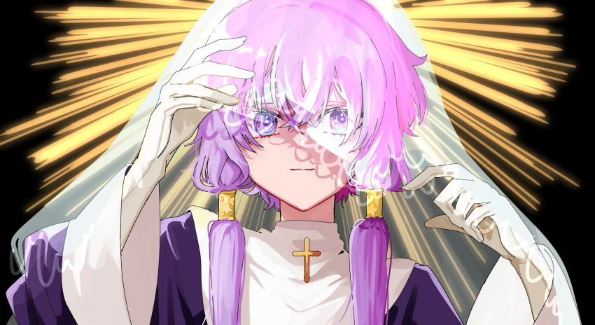 1girl, alternate_costume, arm_up, black_background, capelet, closed_mouth, commentary_request, cross