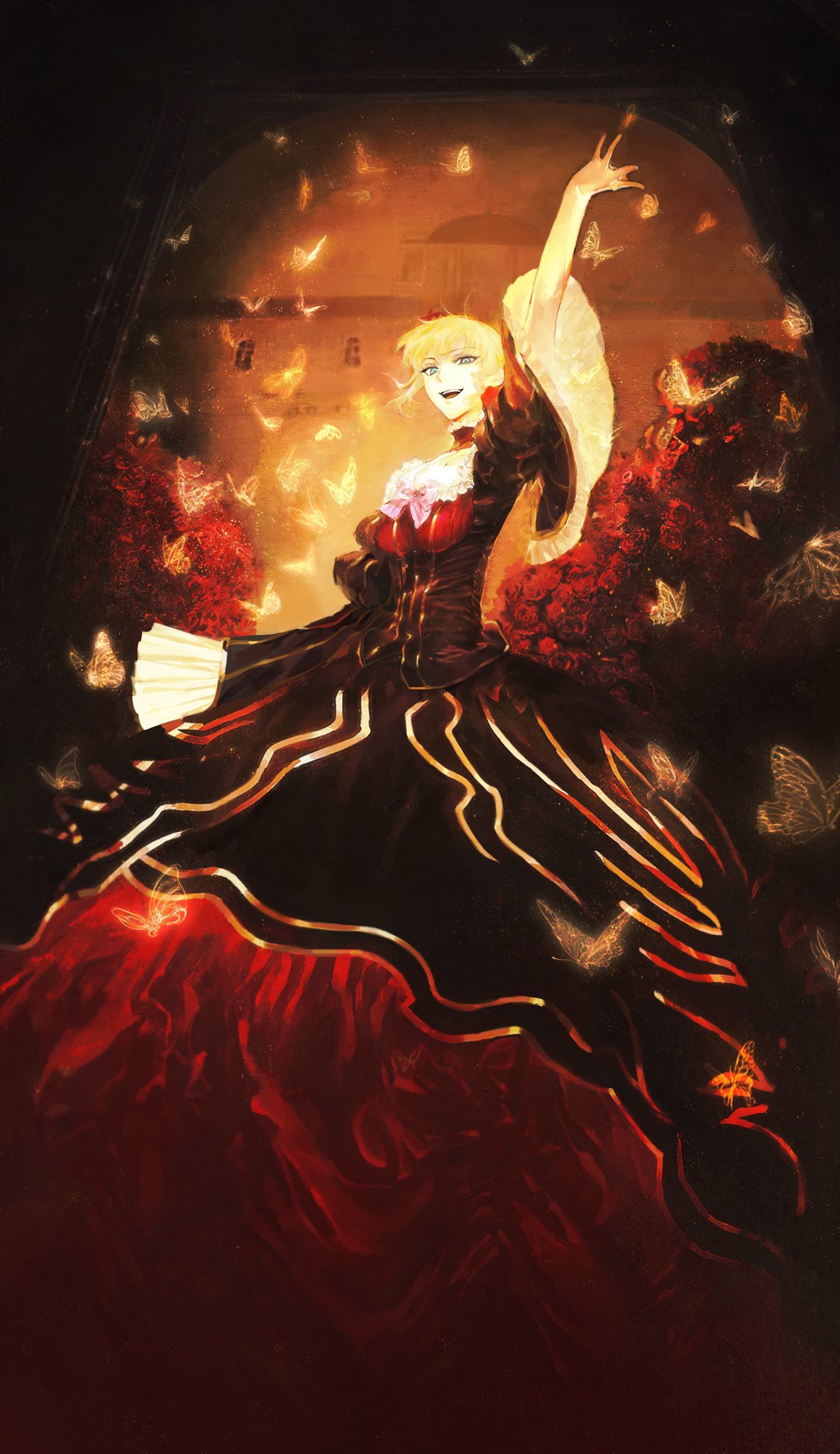 1girl, :d, arm_up, beatrice_(umineko), bell_sleeves, black_background, black_choker, black_dress
