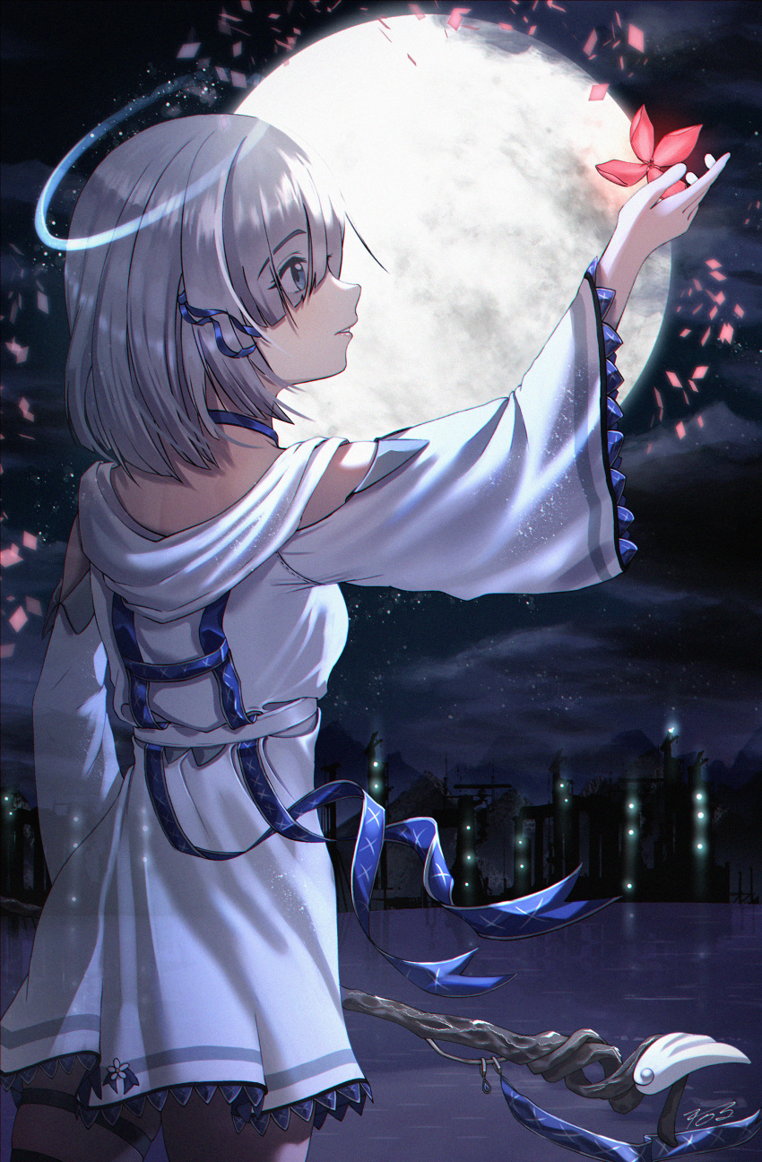 1girl, 2_ru, absurdres, angel, flower, from_behind, halo, highres