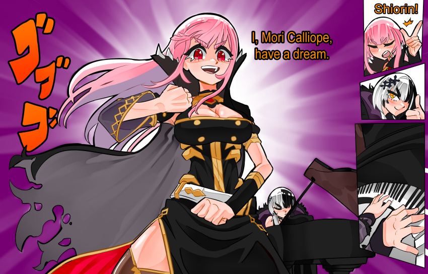 2girls, absurdres, black_dress, breasts, cape, collar, dress, english_text, floating_cape, floating_hair, giorno_giovanna's_pose_(jojo), grand_piano, highres, hololive, hololive_english, instrument, jojo_no_kimyou_na_bouken, jojo_pose, koizumi_arata, large_breasts, long_hair, menacing_(jojo), mori_calliope, mori_calliope_(1st_costume), multicolored_hair, multiple_girls, music, open_mouth, piano, pink_hair, playing_instrument, playing_piano, purple_background, red_eyes, shiori_novella, short_hair, side_slit, snapping_fingers, spiked_collar, spikes, split-color_hair, thumbs_up, torn_cape, torn_clothes, vento_aureo, virtual_youtuber, yellow_eyes
