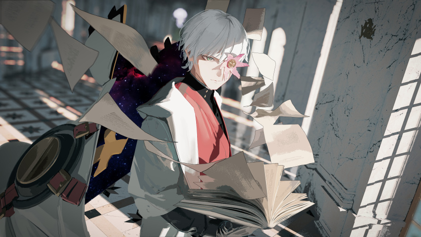 1boy, absurdres, asuka_r._kreutz, black_gloves, blurry, blurry_background, book, cape, closed_mouth, detached_cape, flower, flower_in_eye, gloves, green_eyes, guilty_gear, guilty_gear_strive, highres, holding, holding_book, indoors, male_focus, open_book, paper, pink_flower, solo, symbol_in_eye, tacshojosora, white_hair, window