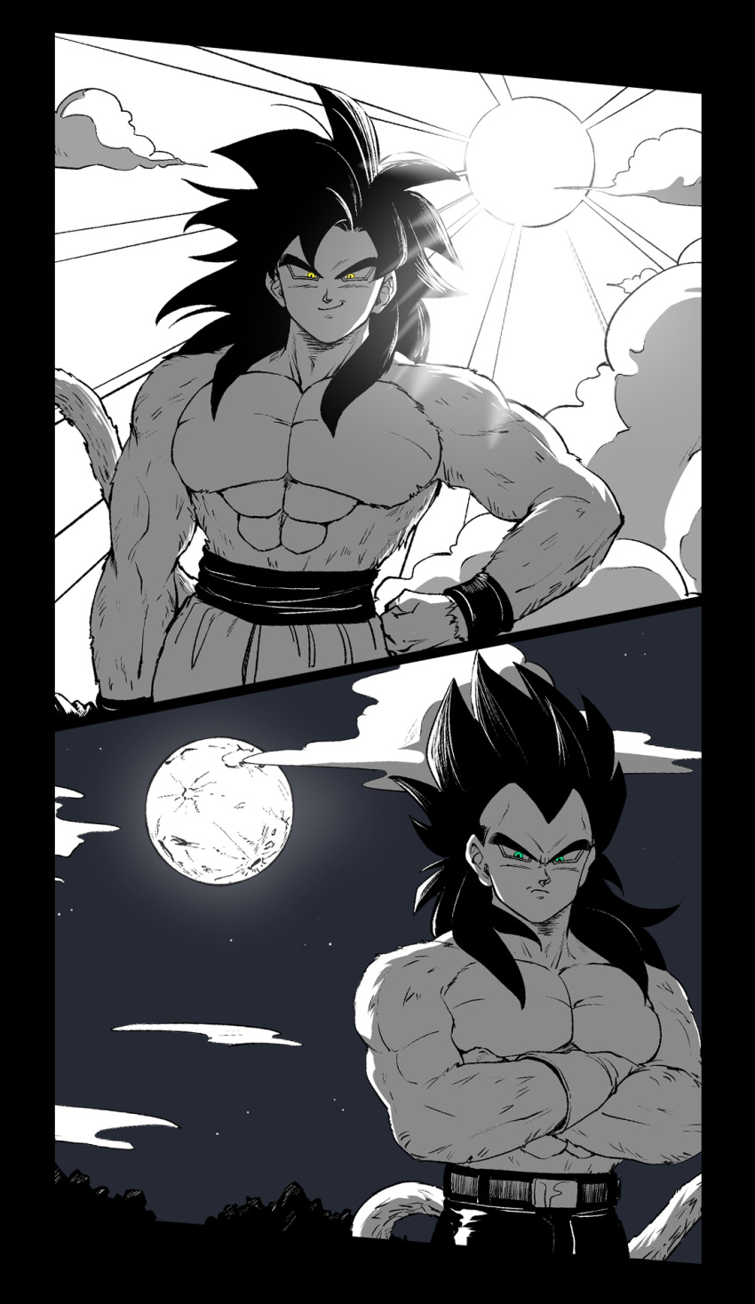 2boys, abs, blue_eyes, commentary_request, crossed_arms, dragon_ball, dragon_ball_gt, frown