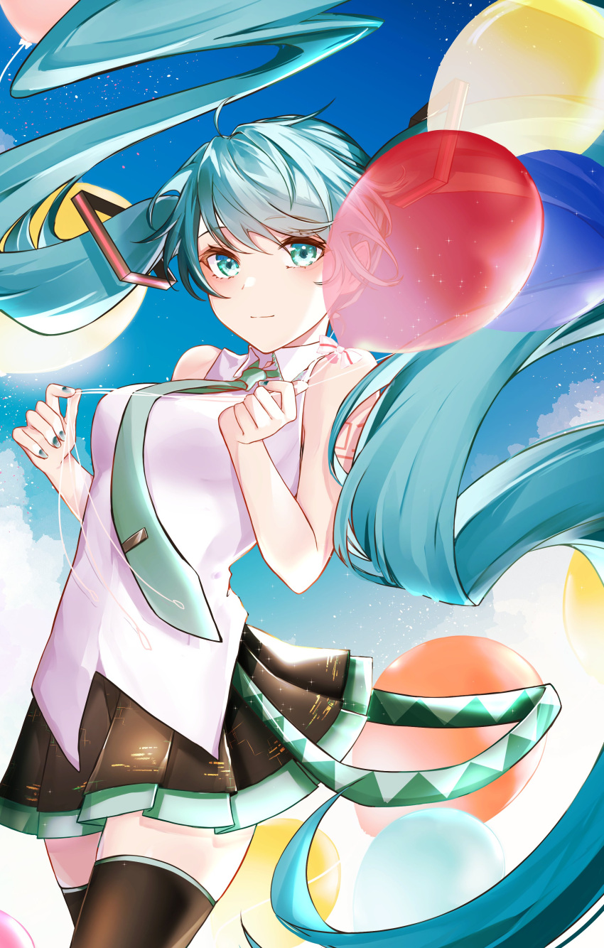 1girl, absurdres, aqua_eyes, aqua_hair, balloon, blue_eyes, blue_hair, blue_nails, blue_sky, blush, breasts, hair_between_eyes, hair_ornament, hatsune_miku, highres, holding, holding_balloon, light_smile, long_hair, looking_at_viewer, medium_breasts, necktie, ritsu_0o, shirt, skirt, sky, sleeveless, smile, solo, tattoo, thigh-highs, twintails, very_long_hair, vocaloid, zettai_ryouiki