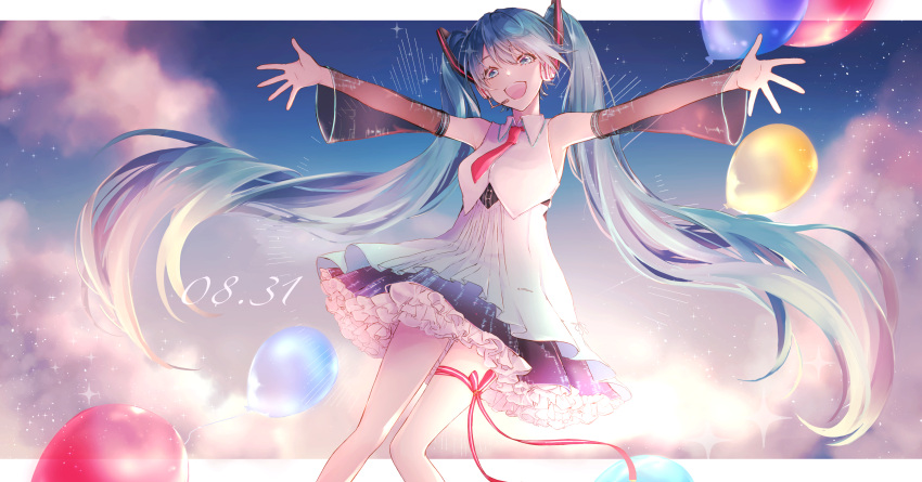 1girl, absurdres, alternate_costume, aqua_eyes, aqua_hair, balloon, bare_shoulders, blue_eyes