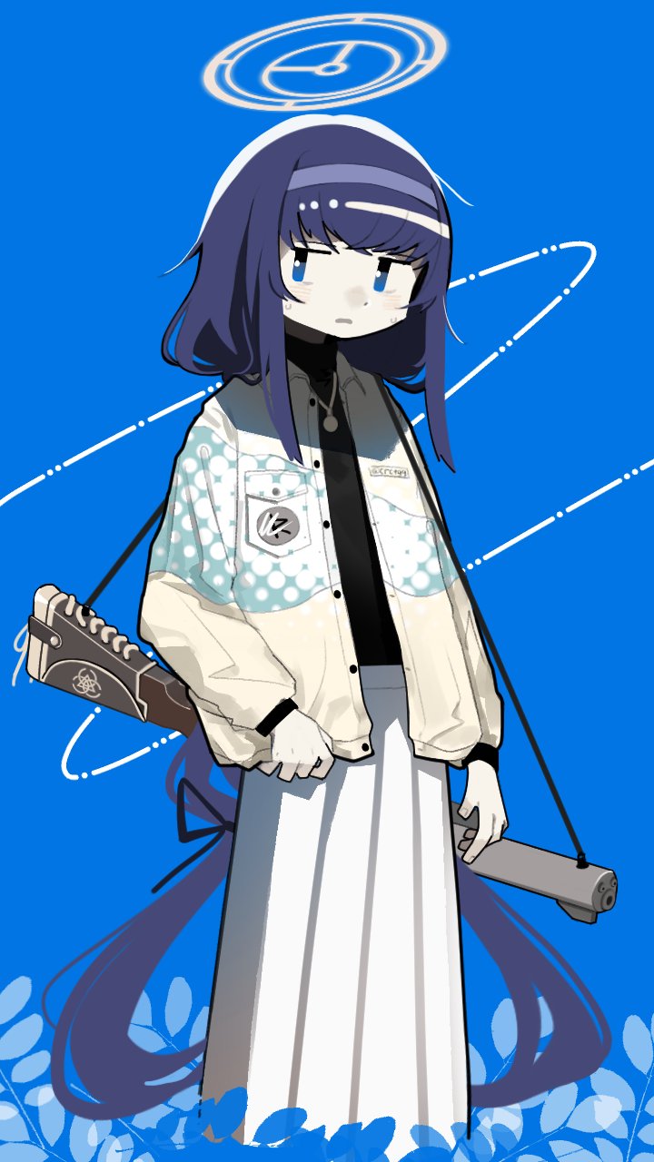 1girl, alternate_costume, bags_under_eyes, black_shirt, blue_archive, blue_background, blue_hair, ccg, hairband, halo, highres, jewelry, long_hair, long_skirt, necklace, open_mouth, shirt, skirt, sweater, ui_(blue_archive), very_long_hair, weapon, white_skirt